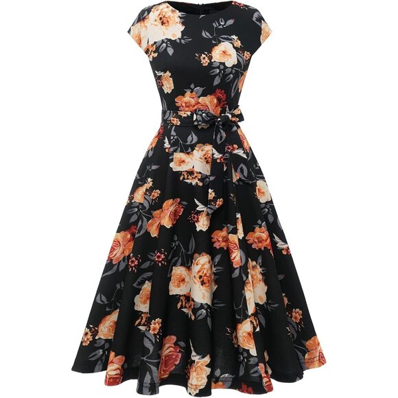 Dresstells Women's Black Yellow Modest Vintage Cocktail Formal Party Dresses - Picture 3 of 4